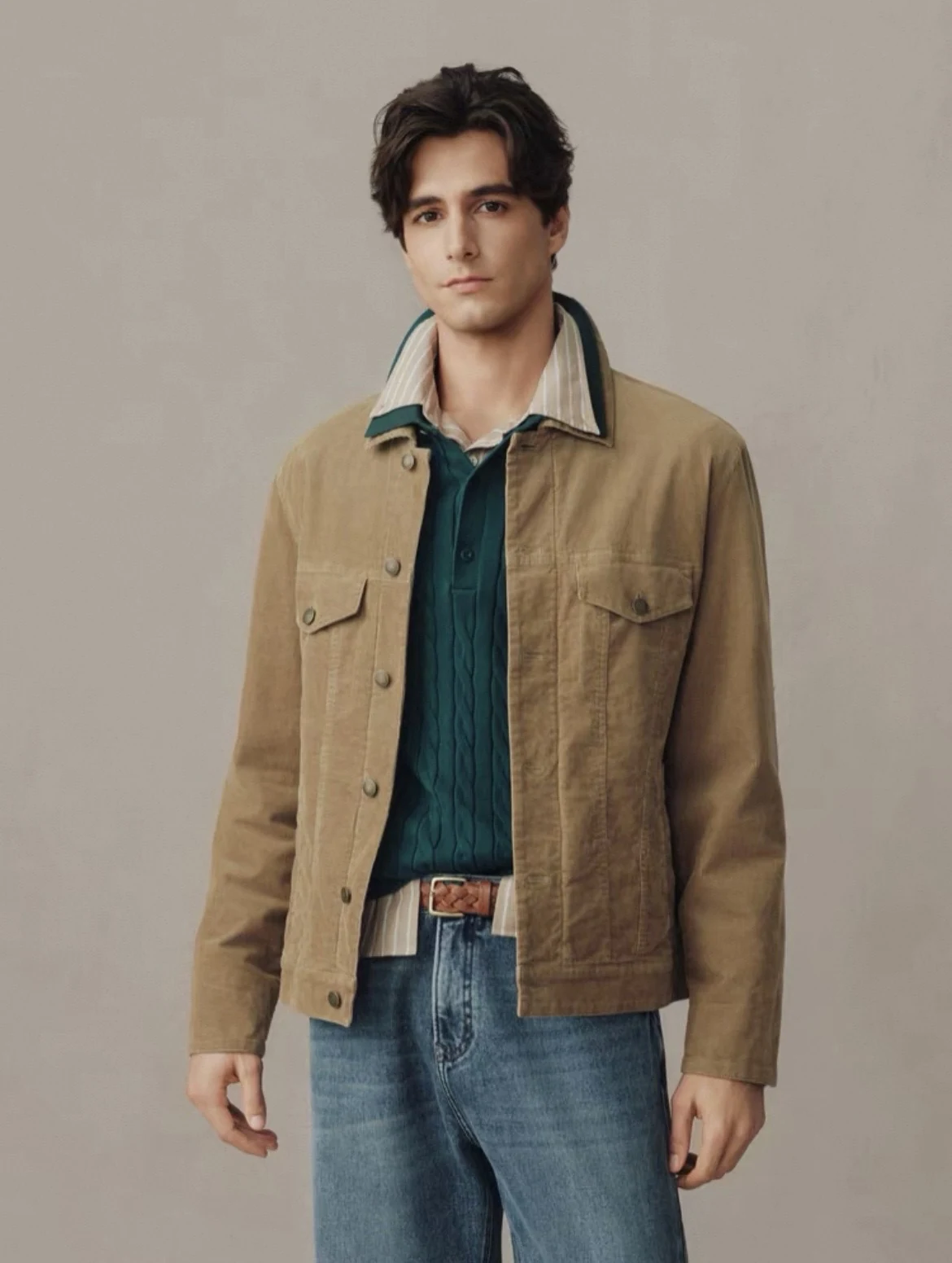 Luca Bold in a GANT corduroy trucker jacket and denim, full length — campaign for the China market, 2026