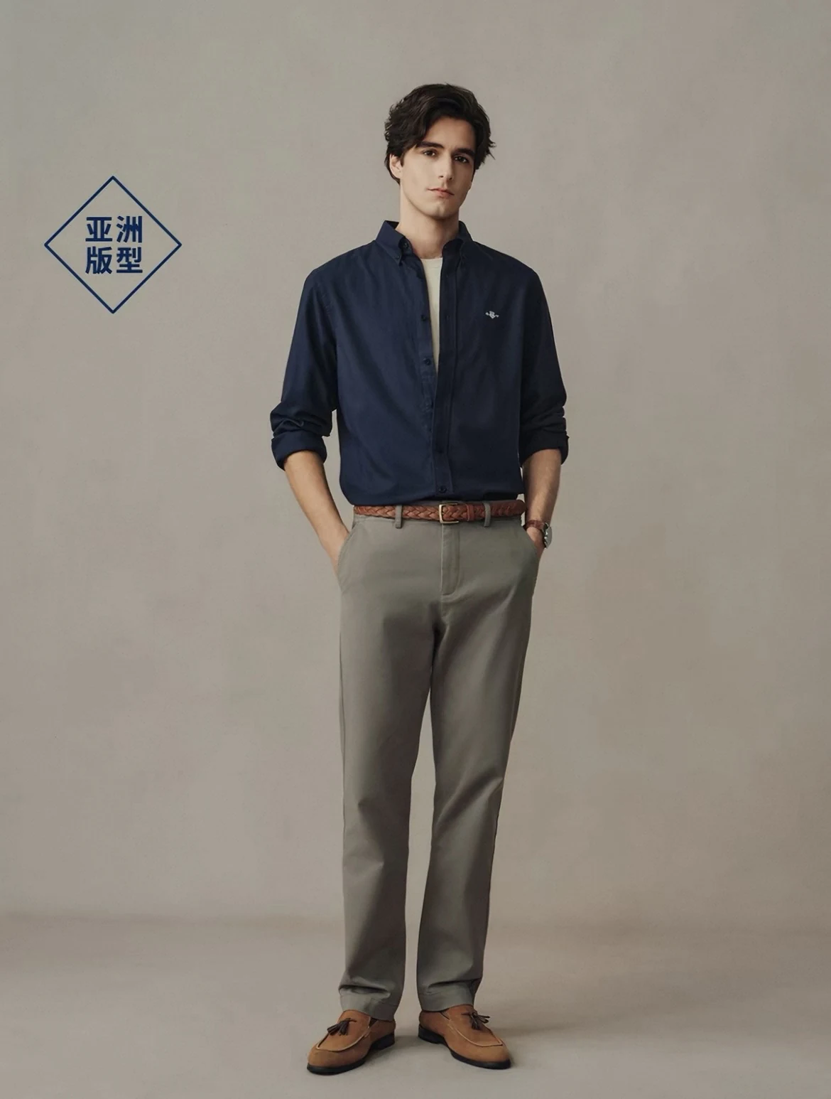 Luca Bold in a GANT navy harrington jacket, full length — campaign for the China market, 2026