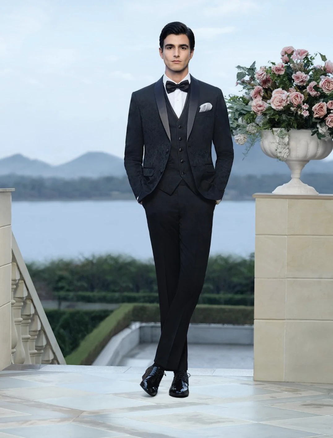 Luca Bold in a three-piece black tie tuxedo for the Louis Philippe Ceremonial campaign, India, 2023